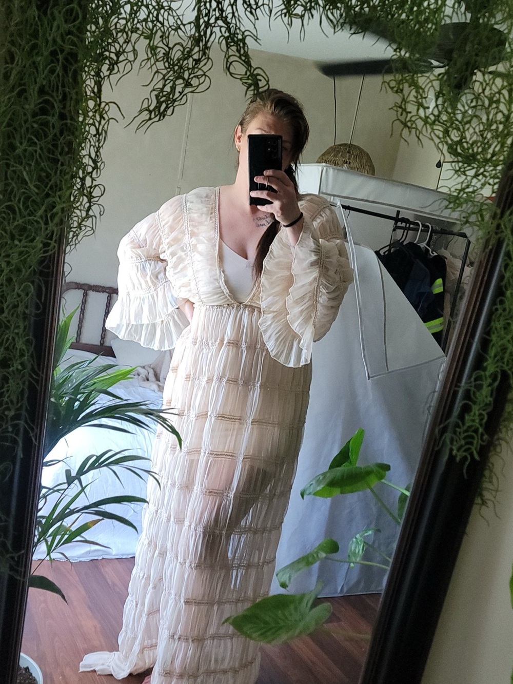 Sheer Cream Boho Maxi Dress with Ruffle Sleeves